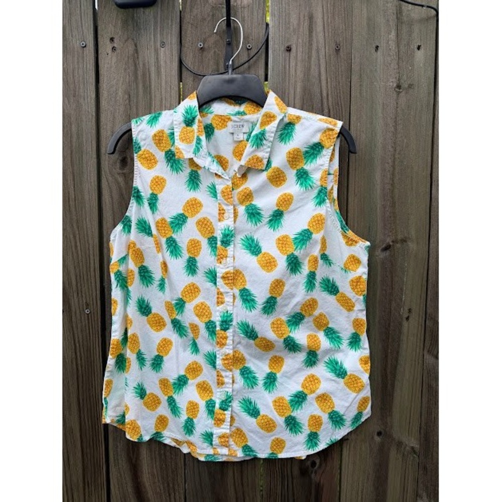 Tropical J.Crew Button Down Women L White Pineapple Print Sleeveless Re-Imagined